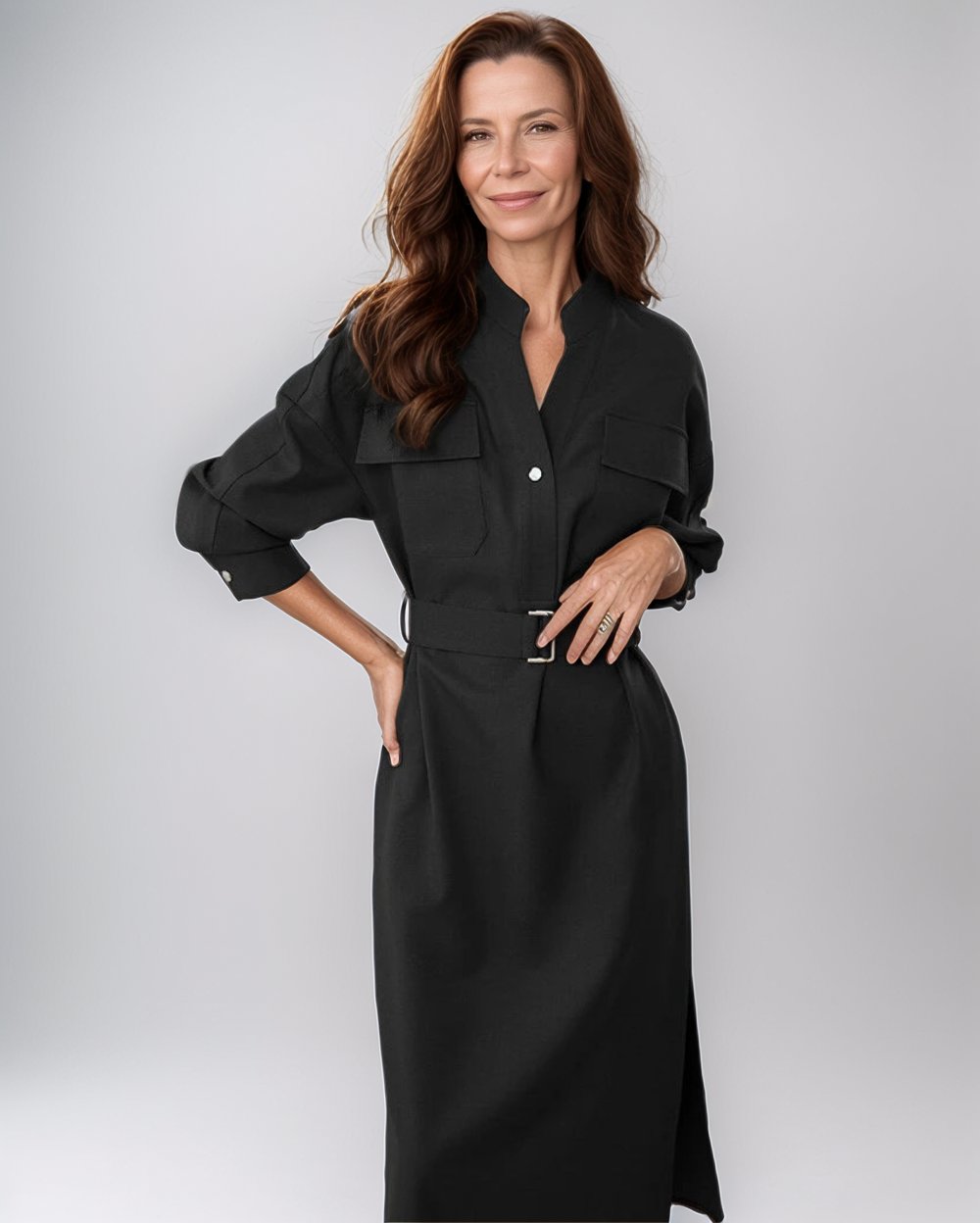 Evelien | Elegante V-Hals Jurk Dames | Met Riem En Knoopsluiting