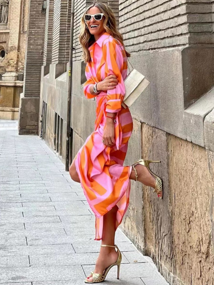 Sophie | Dames Gestreepte Midi Jurk