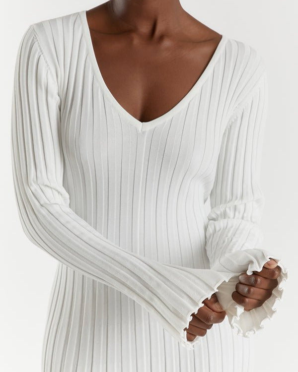 Lavinia | Gebreide midi-jurk met lange mouwen en V-halslijn