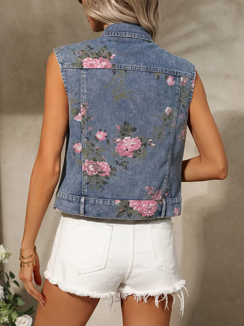 Cecilia | Mouwloze Spijkerweste met Bloemen Dames