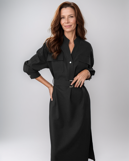 Evelien | Elegante V-Hals Jurk Dames | Met Riem En Knoopsluiting